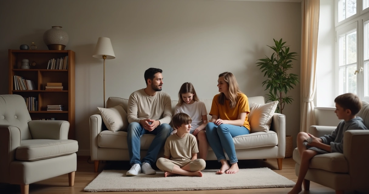 Família sentada em sala de estar conectada por fios sutis representando laços invisíveis 