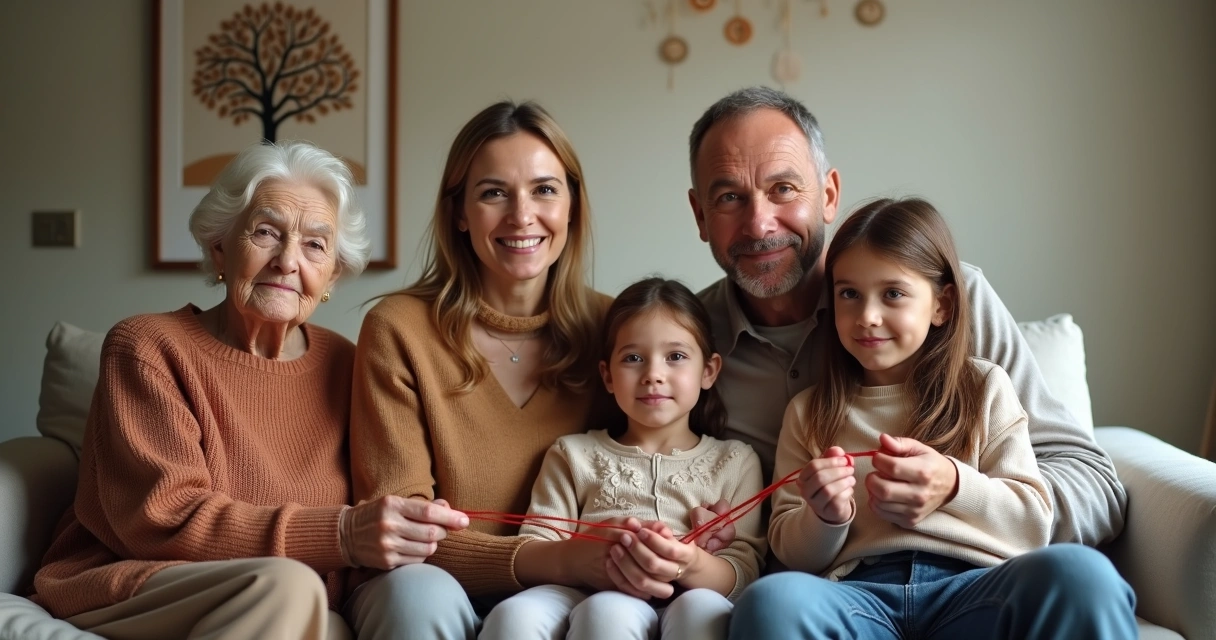 Família de três gerações sentada no sofá conectando padrões com fios vermelhos 