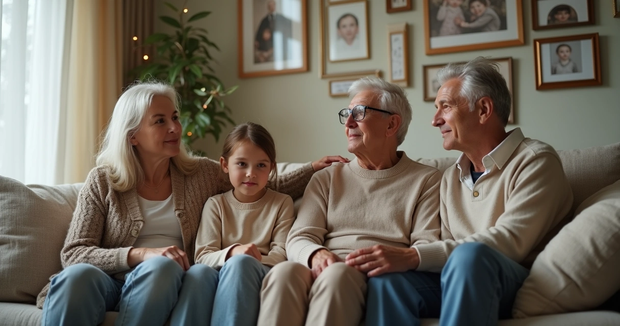 Família sentada no sofá com gerações conectando pontos luminosos 