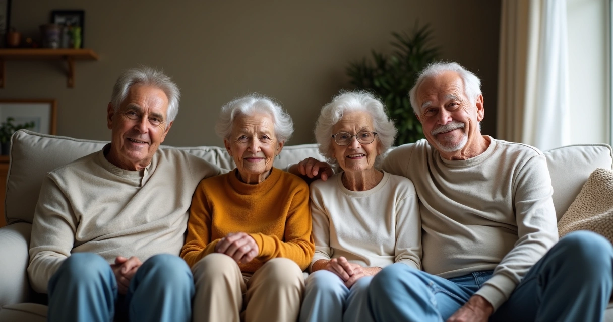 Quatro gerações de uma família sentadas no sofá, cada uma espelhando a postura e expressão da outra 