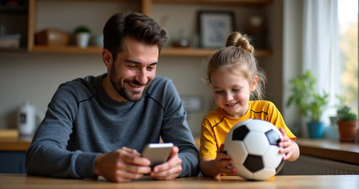 Responsável faz pagamento da mensalidade do futebol no smartphone enquanto o filho segura uma bola e sorri