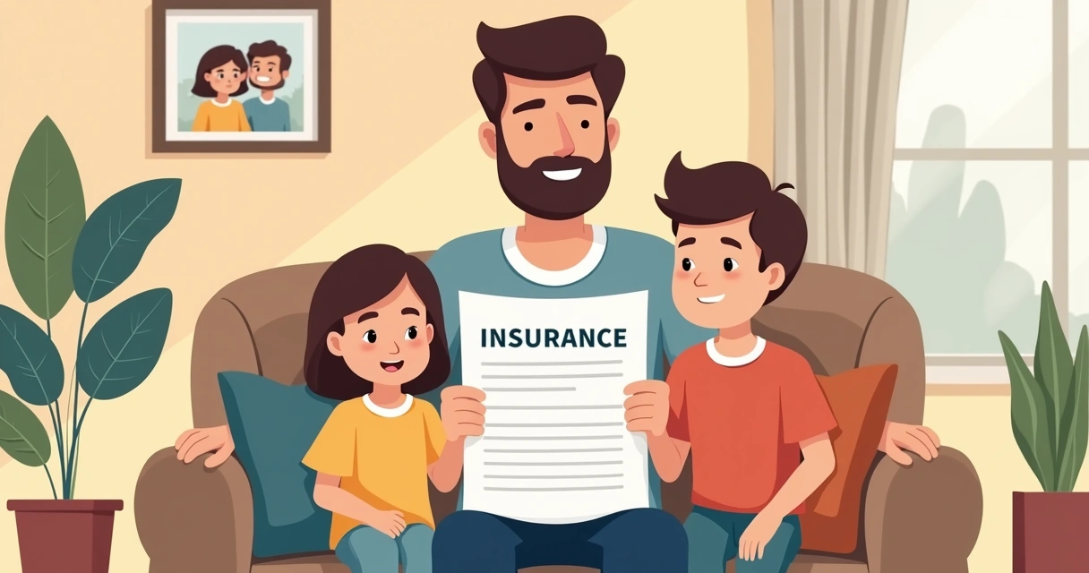 Família com pai segurando apólice de seguro de vida 