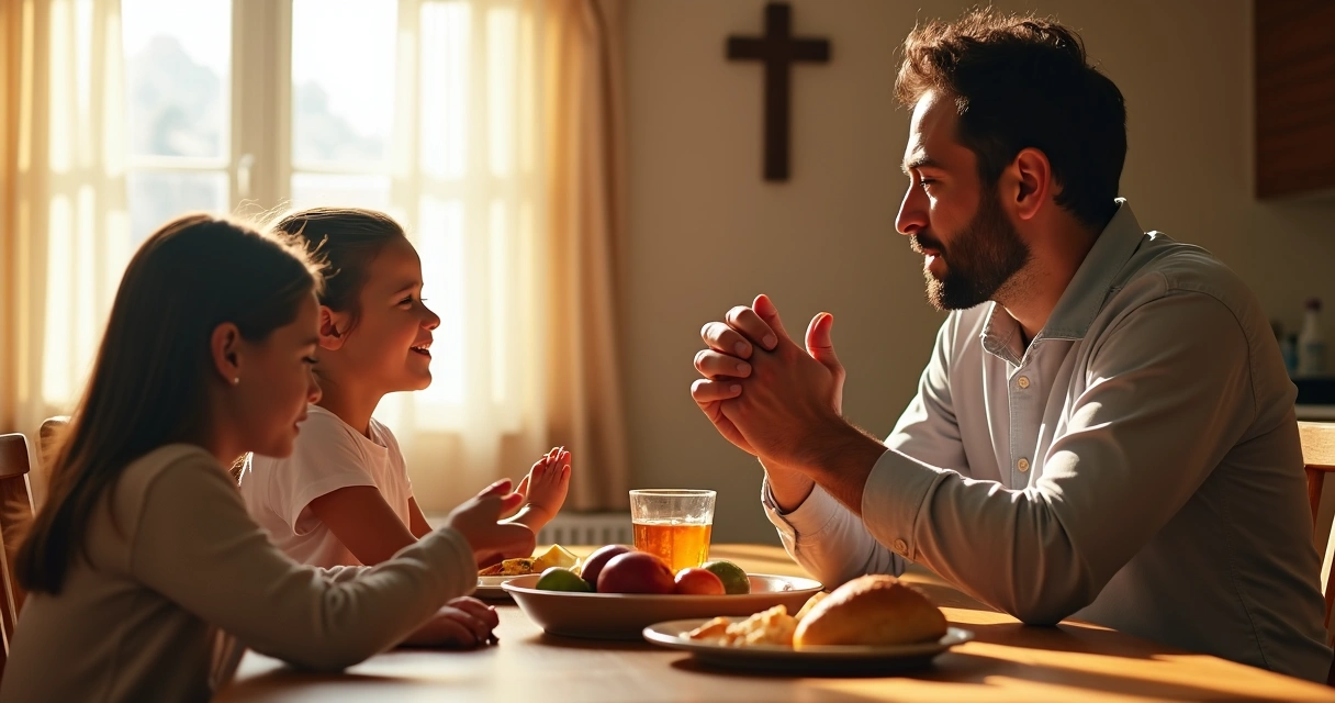 Pai e filhos sentados em casa, de mãos dadas, orando antes da refeição 