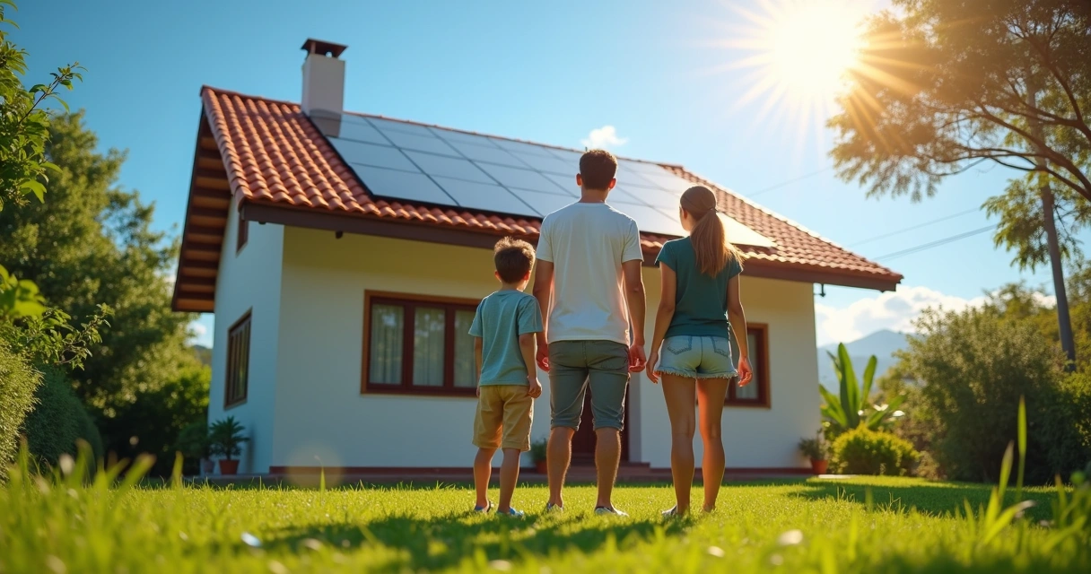 Família observando painéis solares em casa em Minas Gerais 