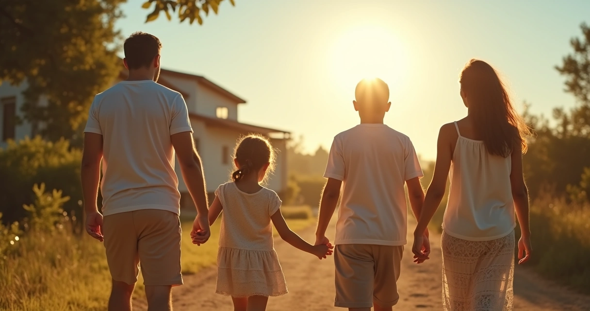 Família observando painéis solares instalados no telhado de casa 
