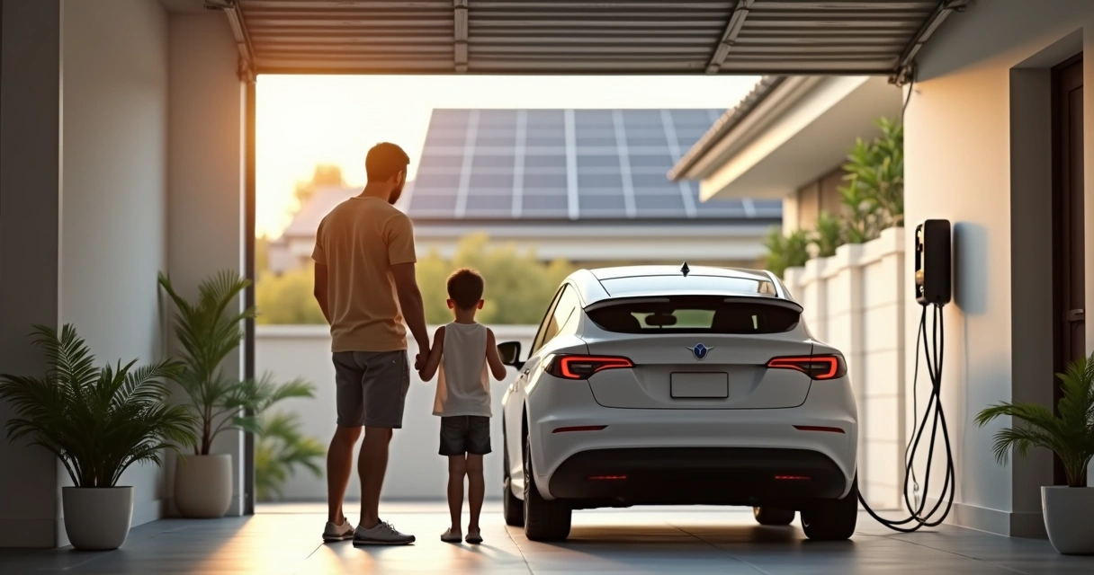 Família observando painel solar e carro elétrico na garagem 