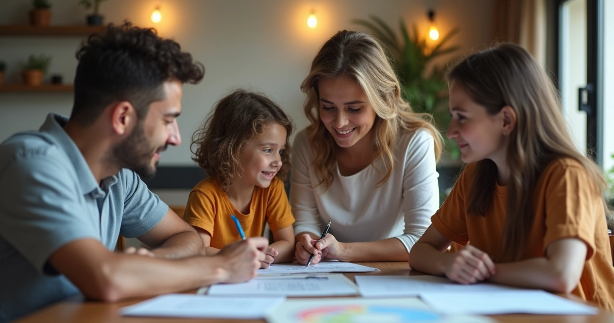 Família sentada à mesa conversando sobre planejamento financeiro 