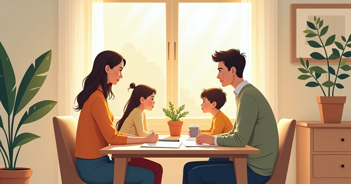 Família sentada ao redor de mesa, discutindo finanças com papéis e notebook, ambiente ensolarado 