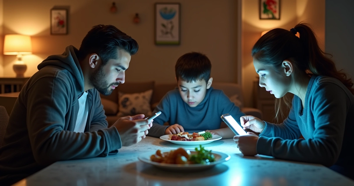 Familia en la mesa con varias pantallas encendidas