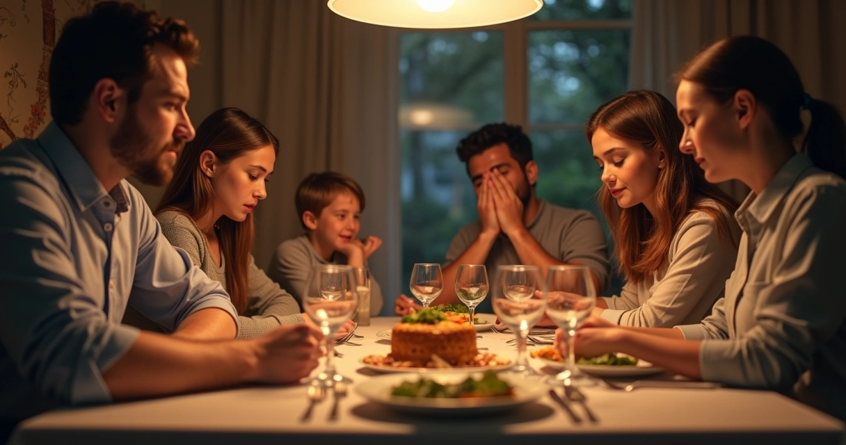 Grupo familiar sentado à mesa, cada um mostrando expressão e postura muito diferentes, sugerindo papéis distintos 