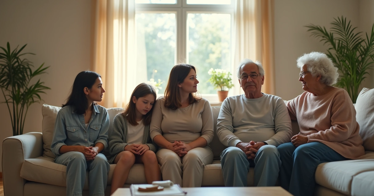 Família sentada no sofá em reflexão com ligações entre gerações ao fundo 