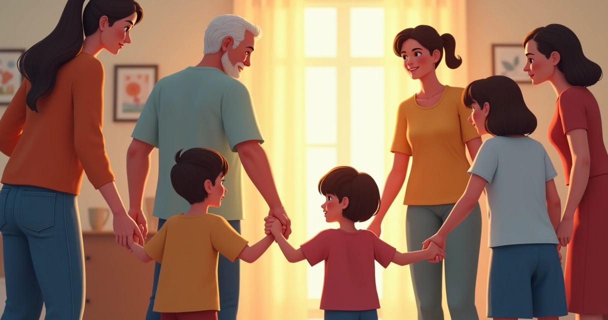 Família em roda, pais e crianças em círculo de mãos dadas, diferentes gerações juntas 