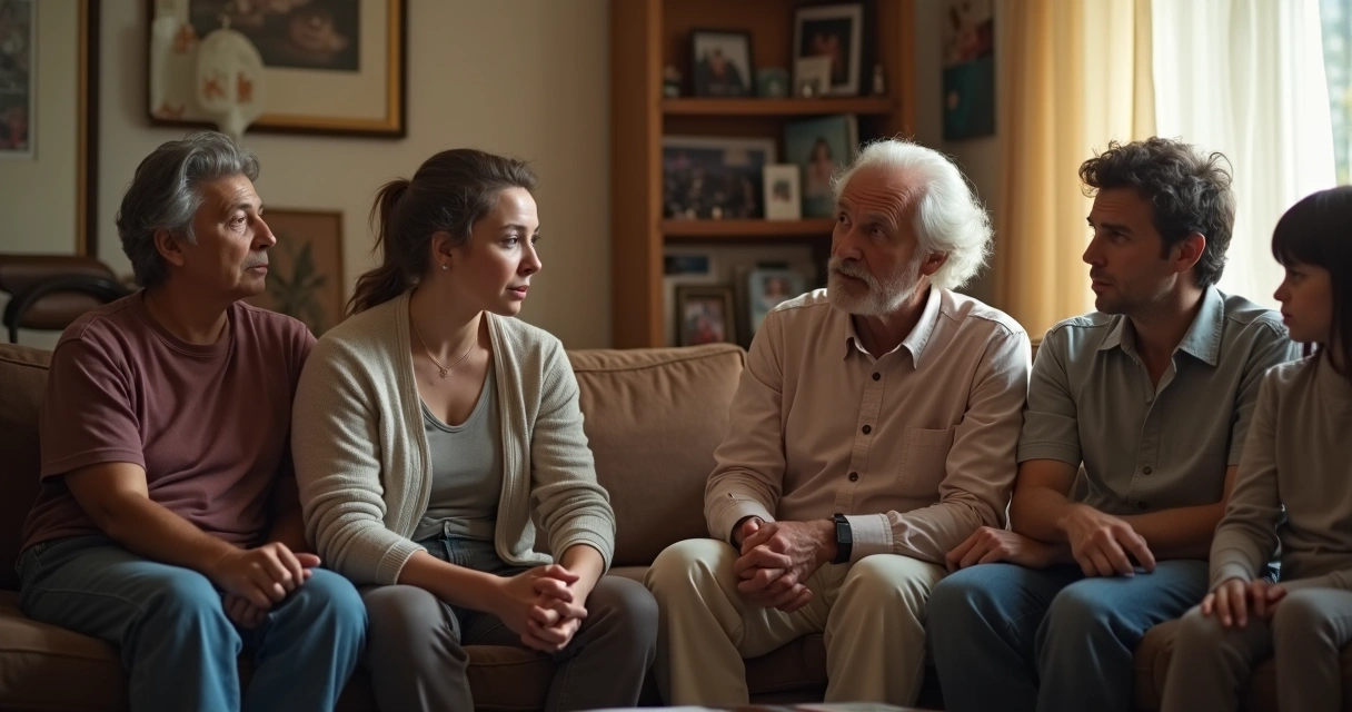 Adultos reunidos revivendo papéis de sua infância em um ambiente familiar