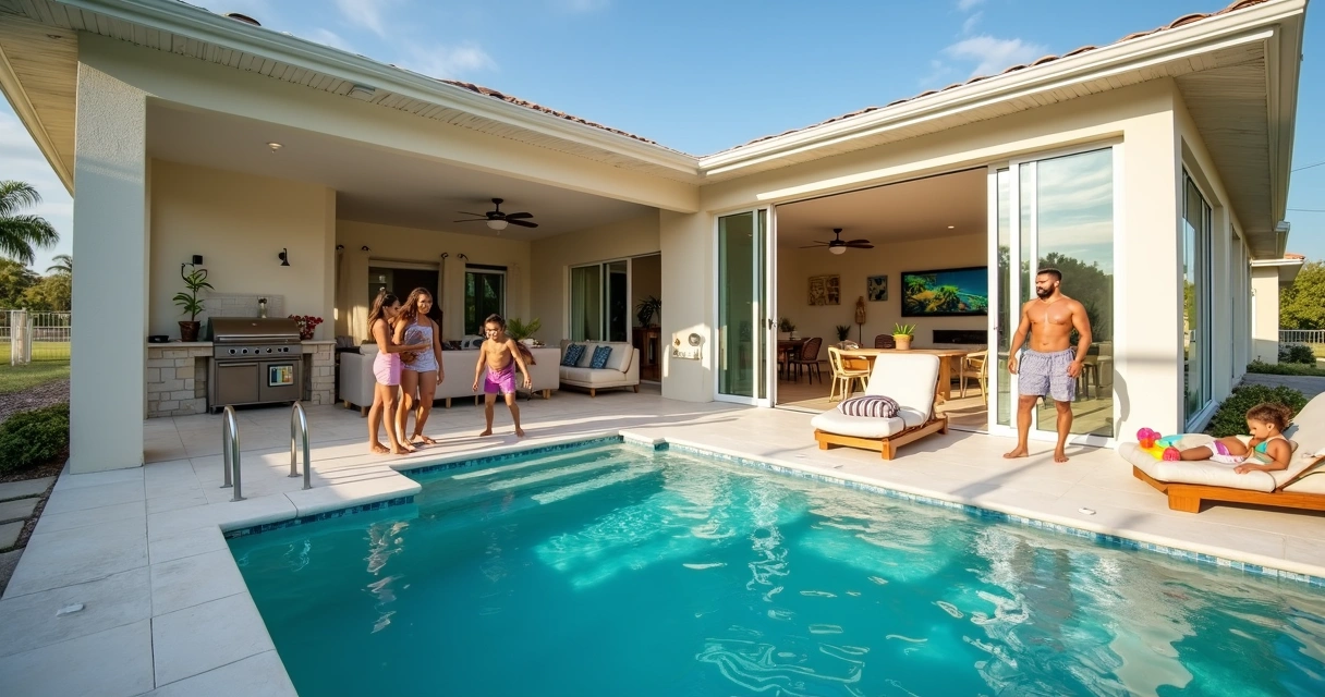 Família brasileira relaxando em casa com piscina no Paradise Palms em Orlando 