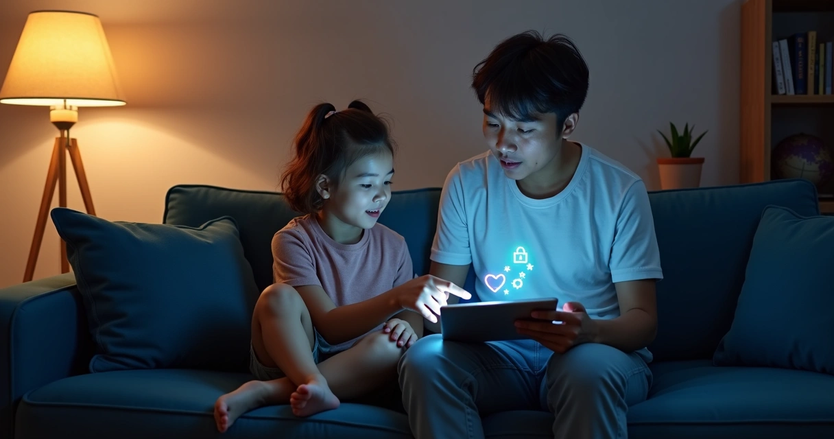 Pai e criança explorando juntos um tablet em sala de estar escura com reflexos digitais coloridos 
