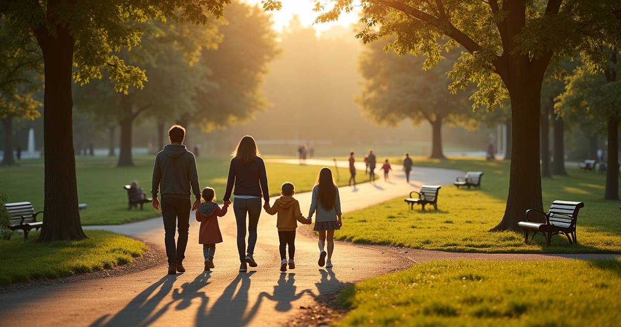 Família caminhando por caminhos entrelaçados em parque ao entardecer 