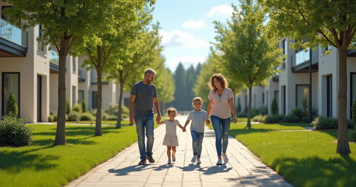 Família caminhando em trilha arborizada de bairro planejado 