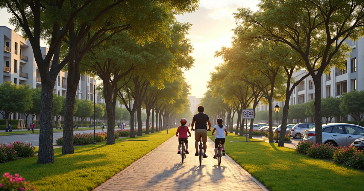 Família com crianças andando de bicicleta em parque arborizado de bairro tranquilo 