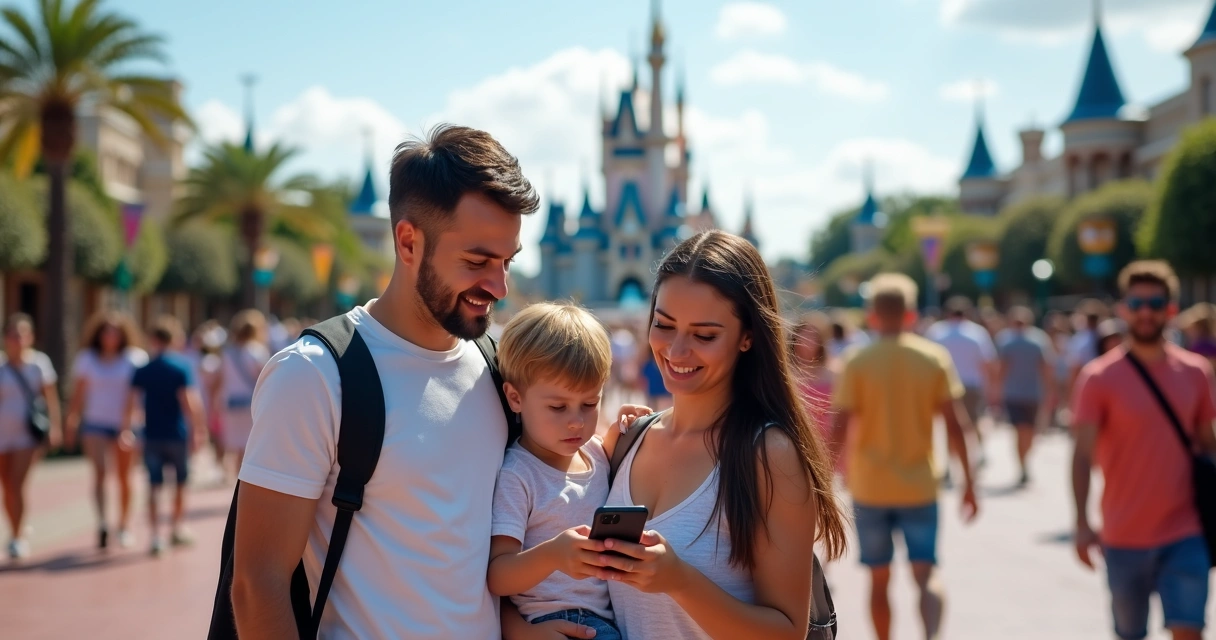 Família usando celular no parque de diversões 