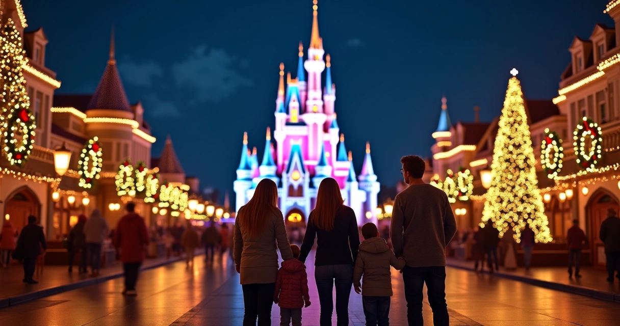 Família em frente ao castelo da Disney decorado para o Natal