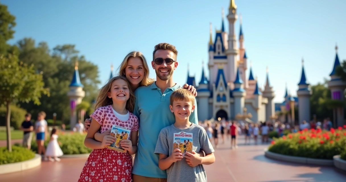 Família com crianças sorrindo em frente ao castelo da Disney em Orlando 