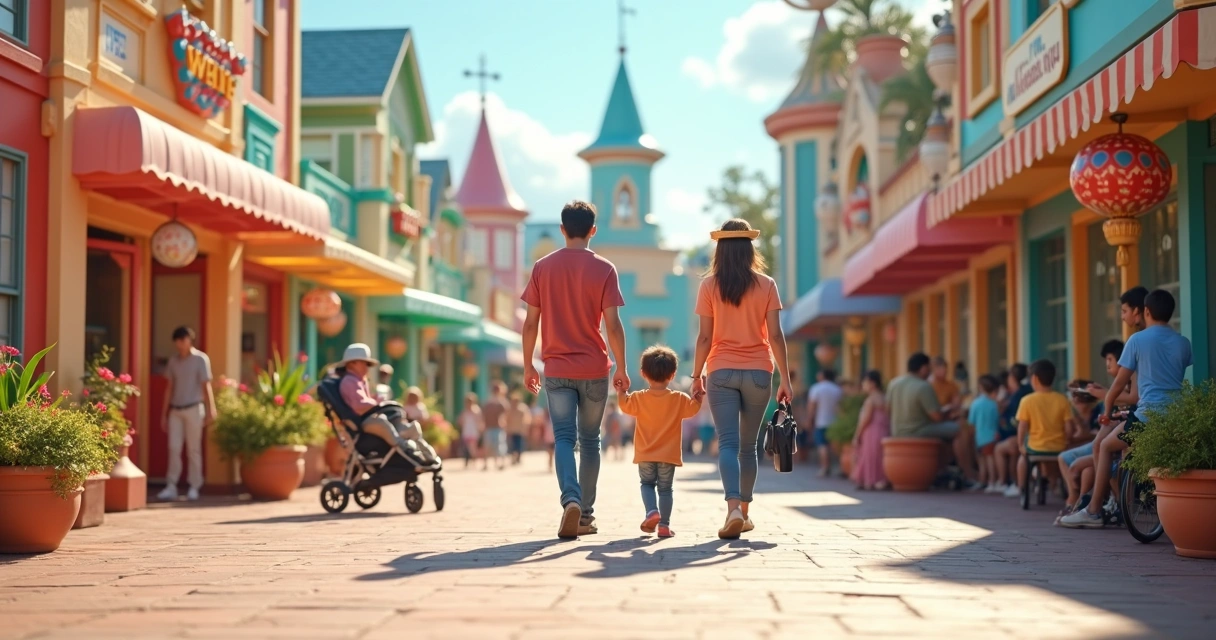 Família com criança pequena em parque temático colorido 