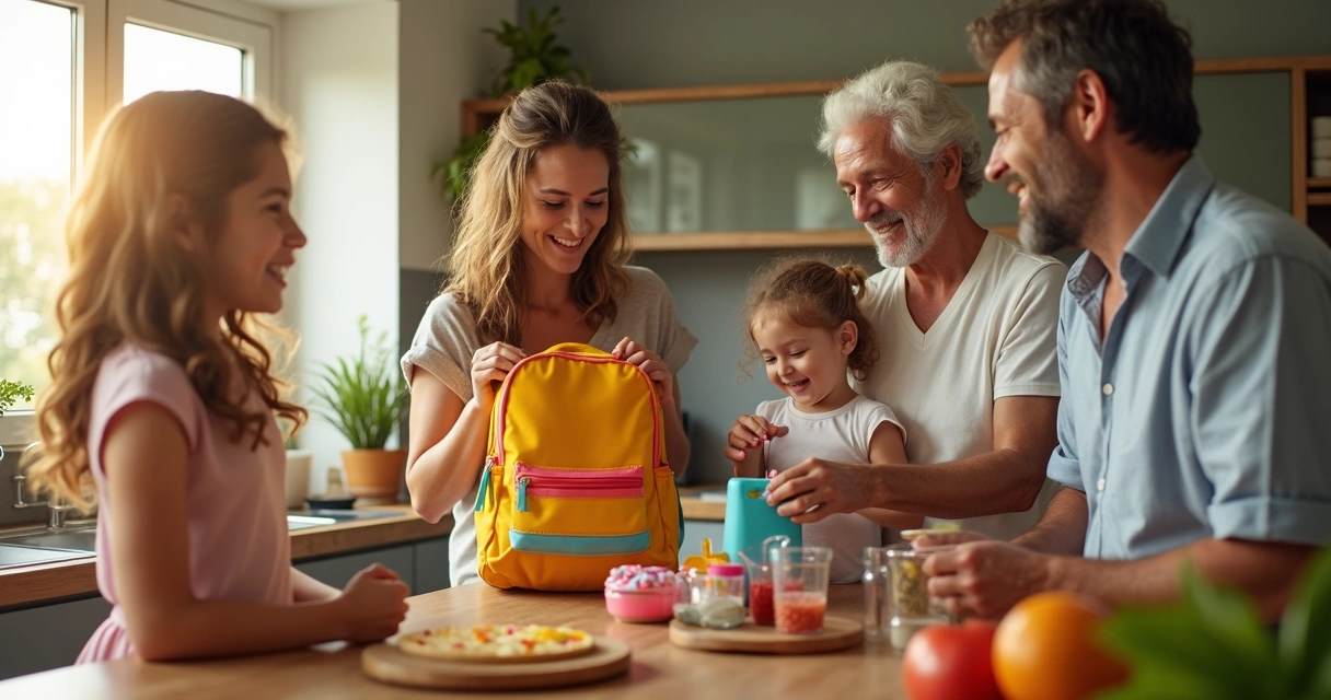 Família organizando mochila para passeio ao parque