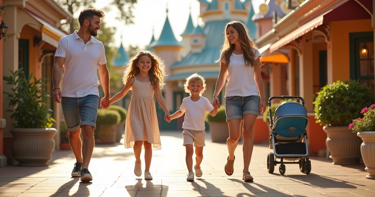 Família com crianças caminhando em parque temático de Orlando 