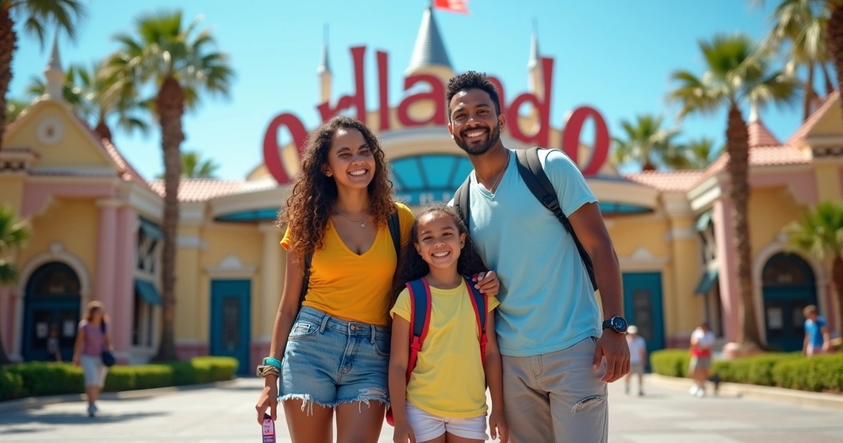 Família brasileira sorrindo em frente ao parque temático 