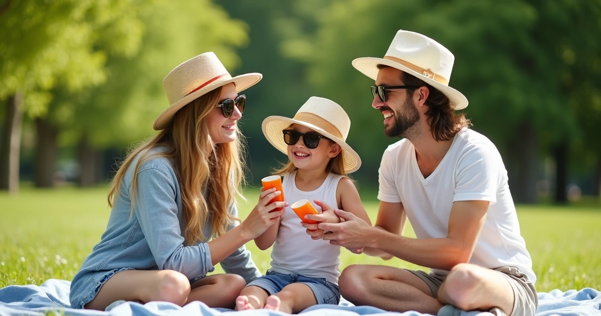 Familia en un parque usando gorros y protector solar