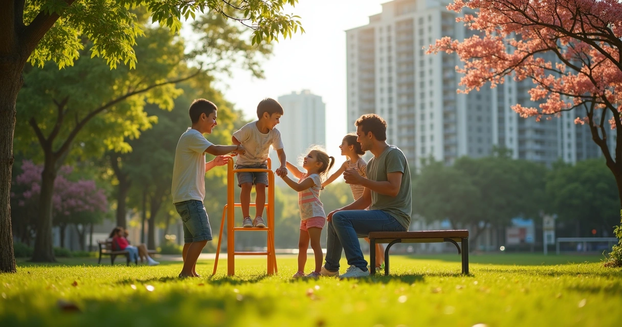 Família brincando em parque arborizado com prédios ao fundo 