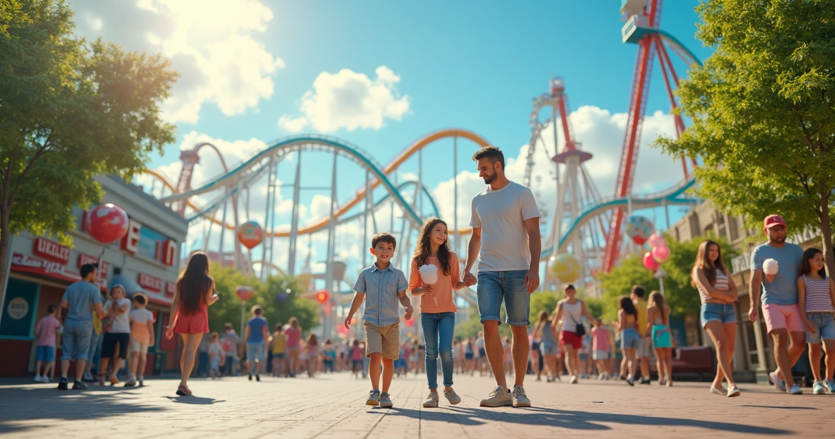 Família sorridente em parque temático ao ar livre com brinquedos coloridos ao fundo 
