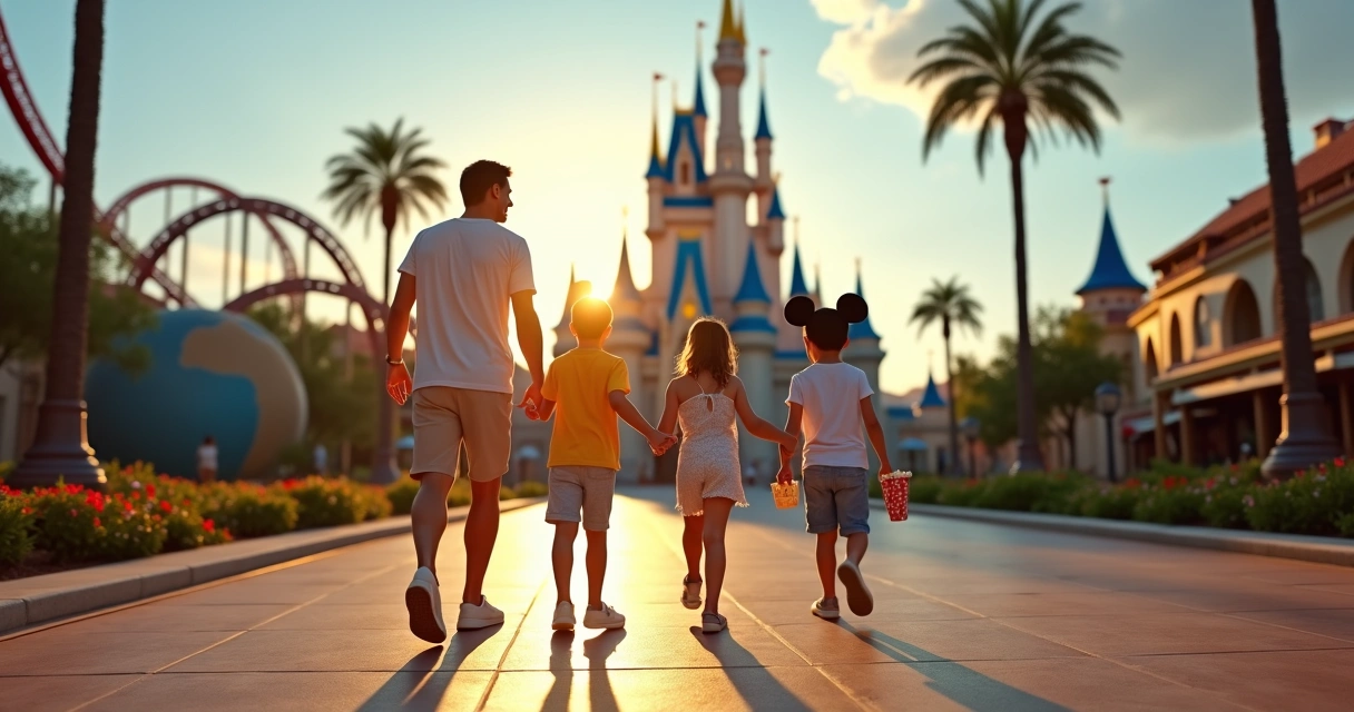 Família brasileira caminhando em parque temático de Orlando com castelo ao fundo 