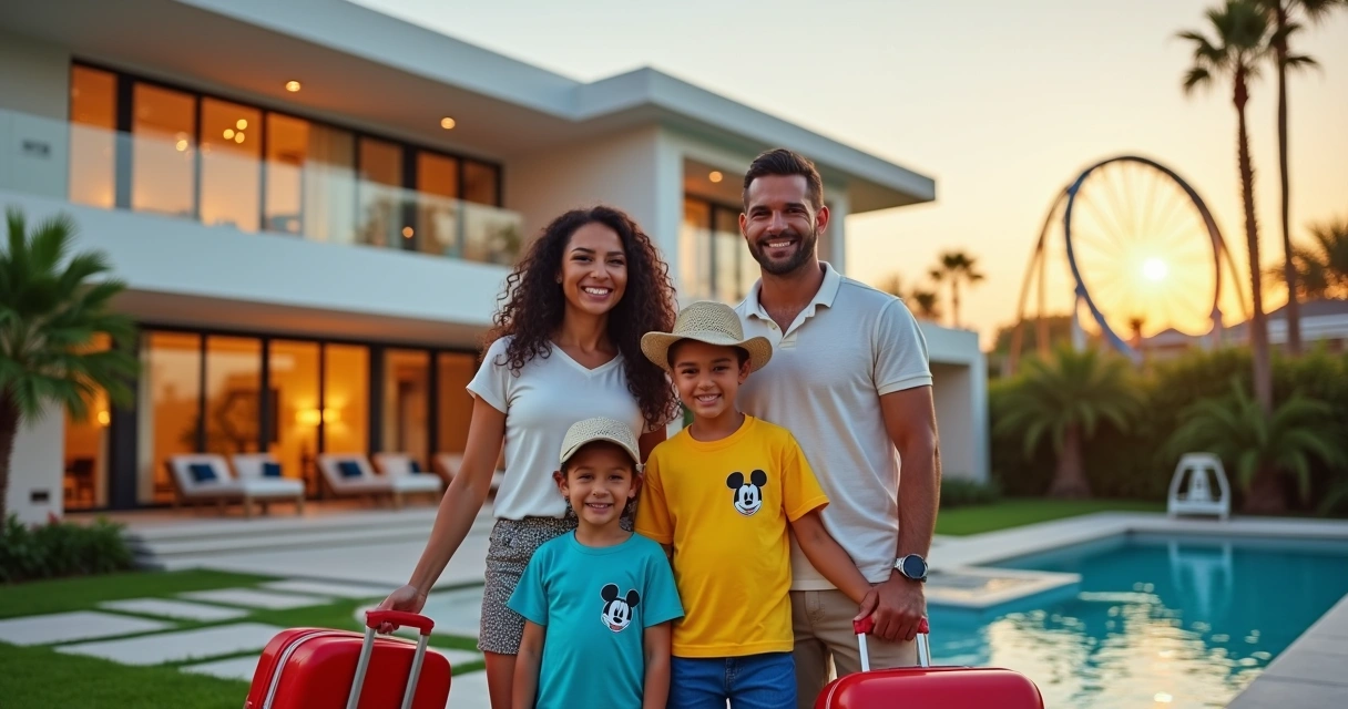 Família brasileira feliz com malas em frente a casa de temporada em Orlando com parques ao fundo 