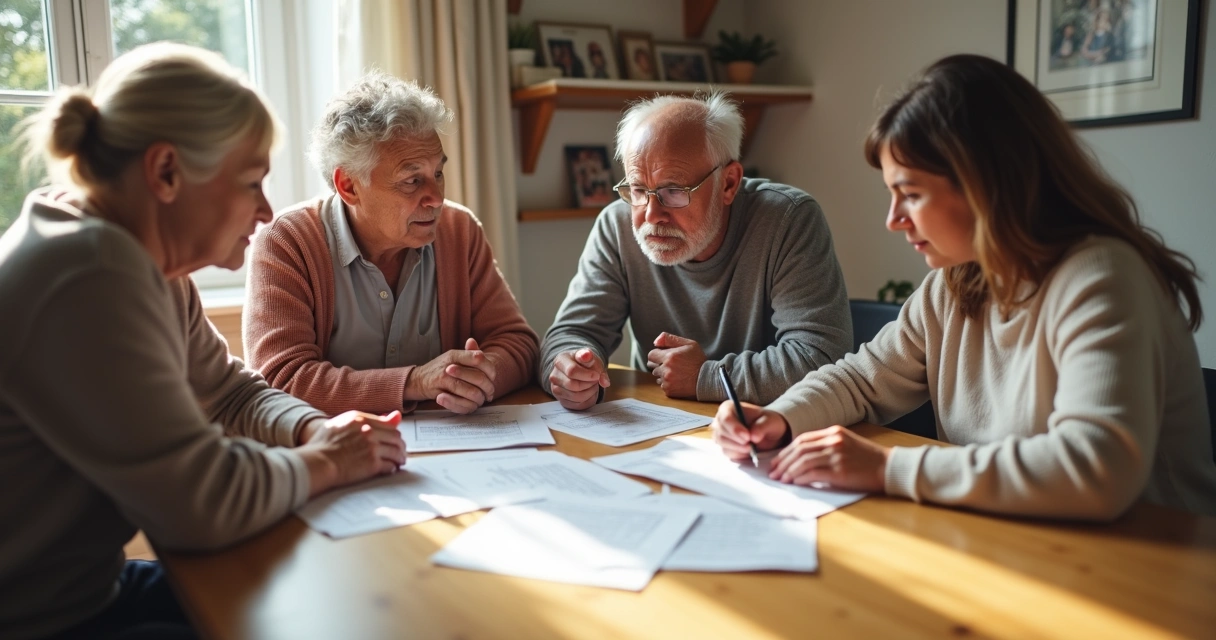 Família reunida em volta de uma mesa com documentos, tratando de partilha de bens 