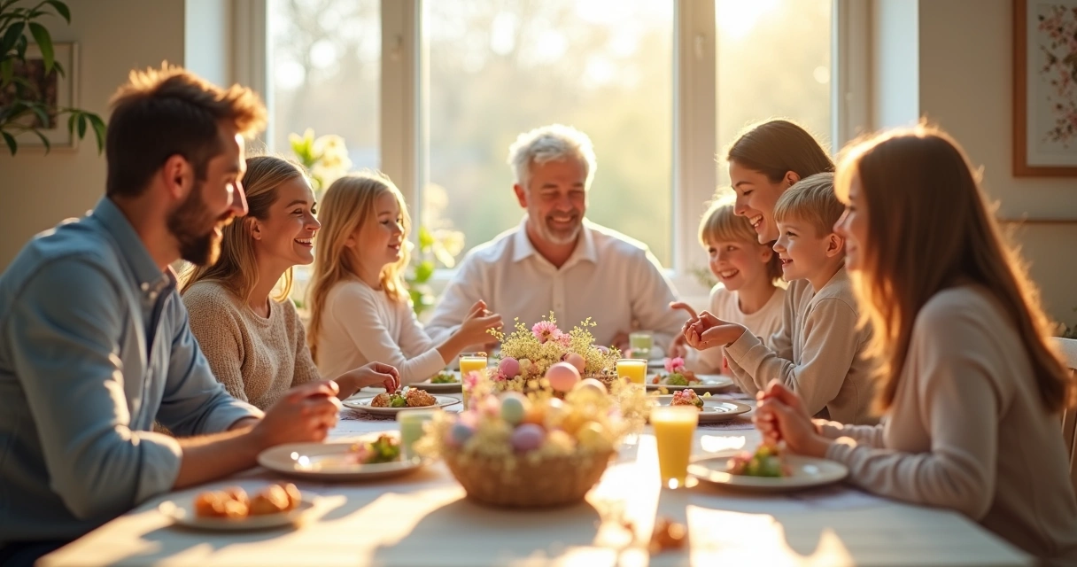 Família reunida no café da manhã de Páscoa, mesa com flores e ovos decorados 