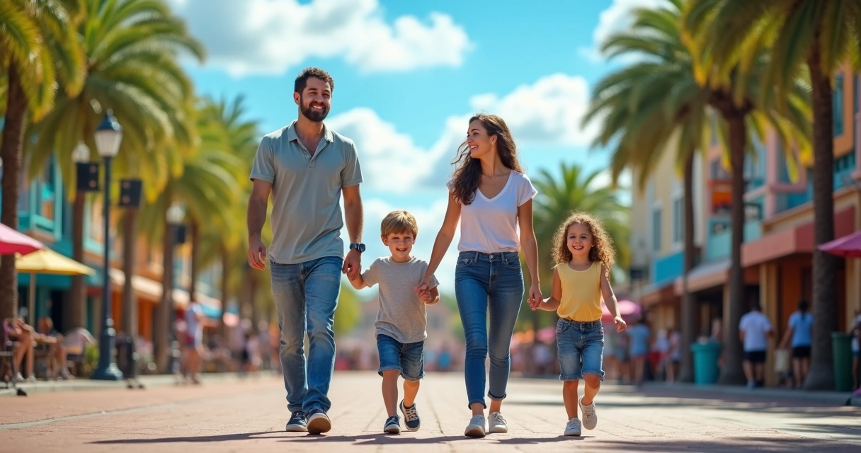 Família caminhando em parque temático de Orlando, adultos e crianças animados 