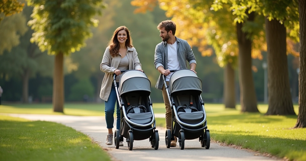 Família passeando com carrinho de bebê duplo para gêmeos no parque 