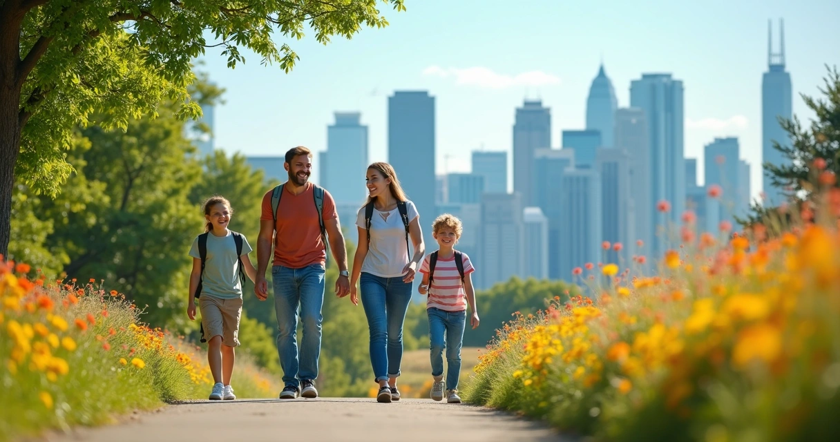 Família sorridente em passeio ao ar livre perto de uma grande cidade com paisagem urbana ao fundo 