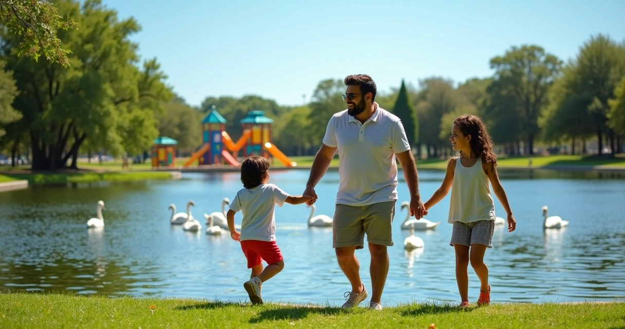 Família brasileira caminhando no Lake Eola em Orlando 