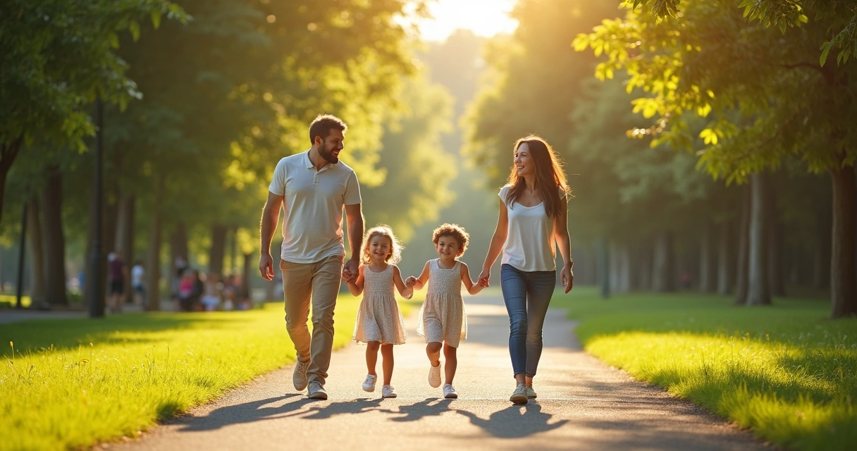 Família caminhando de mãos dadas em um parque arborizado 