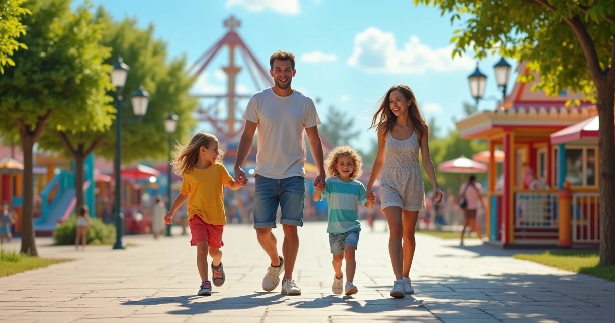 Família caminhando junta em parque de diversões ensolarado com crianças sorrindo e brinquedos ao fundo 