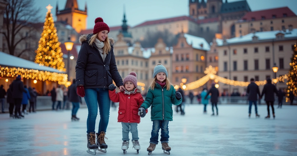 Família patinando no gelo em Praga com decorações de Natal 