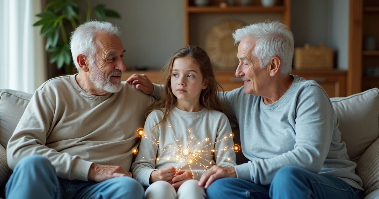 Familia sentada en un sofá conectando líneas que representan patrones emocionales 