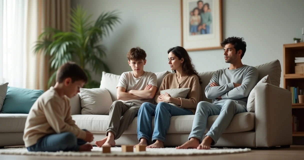 Familia sentada en sala mirando en distintas direcciones con tensión emocional sutil 