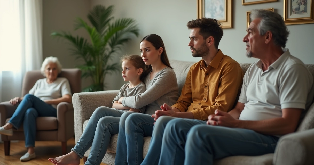 Familia sentada en el sofá con tensiones sutiles y distancia emocional 