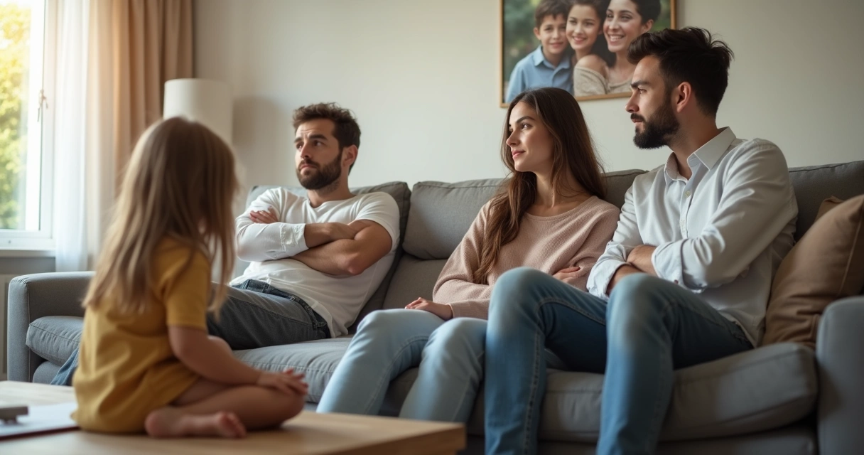 Familia sentada en silencio en un sofá con tensión emocional sutil 