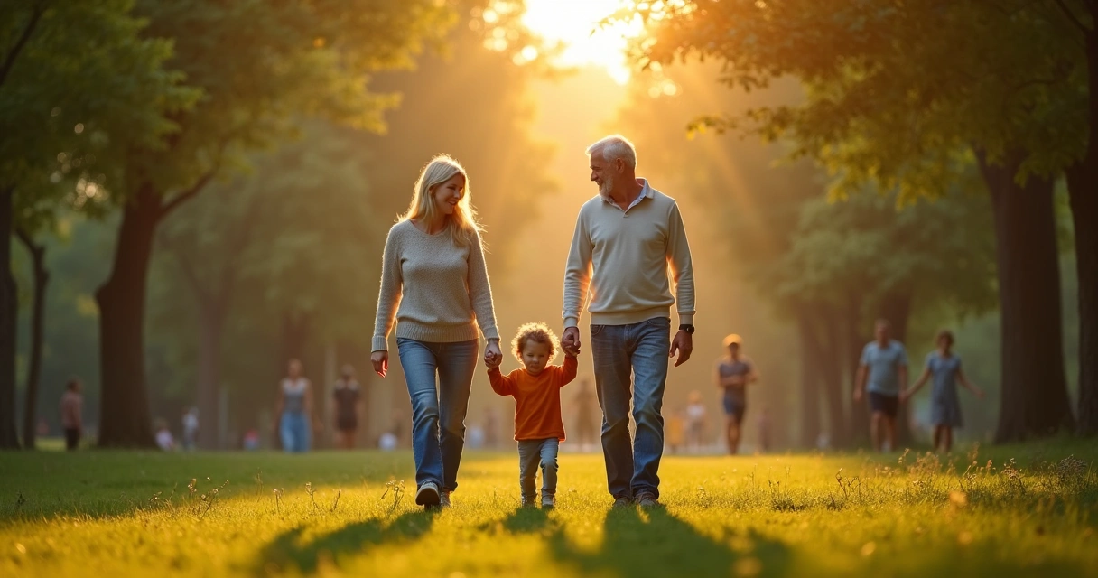 Tres generaciones de una familia caminando juntas en un parque al atardecer 
