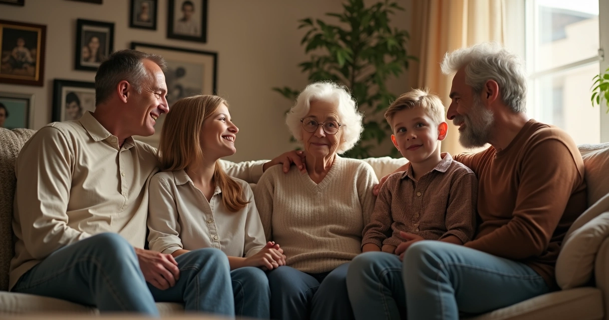 Familia sentada en círculo mirándose, reflejando unión y patrones relacionales 