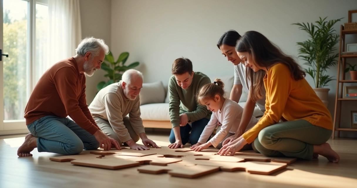 Família reunida encaixando grandes peças de quebra-cabeça coloridas 